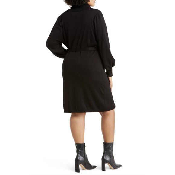 NWT Sam Edelman Knit Cowl Neck Long Sleeve Mini Dress with Tie Belt, Black, M - Picture 2 of 11